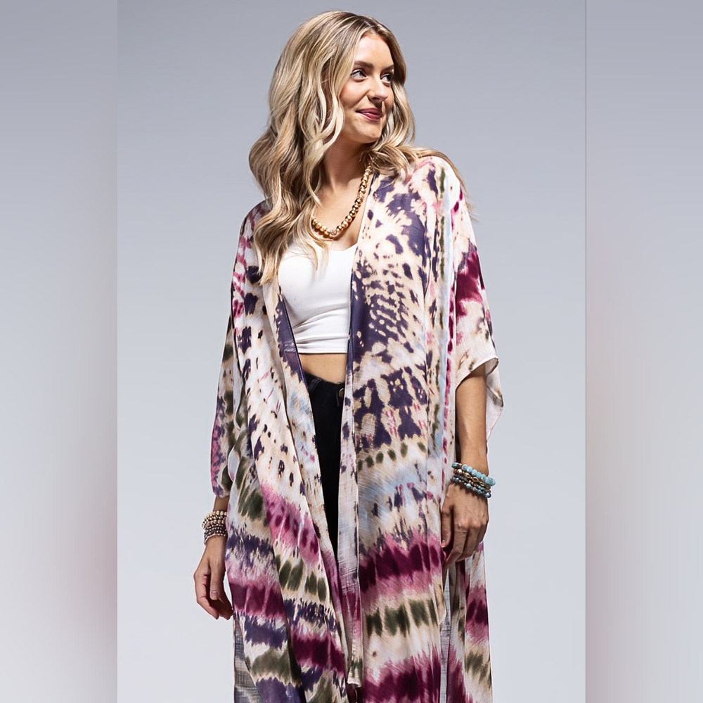 Tie-dye Kimono Maroon Multi Color Kimono / Swimsuit Coverup - Lightweight Silky - Picture 2 of 5